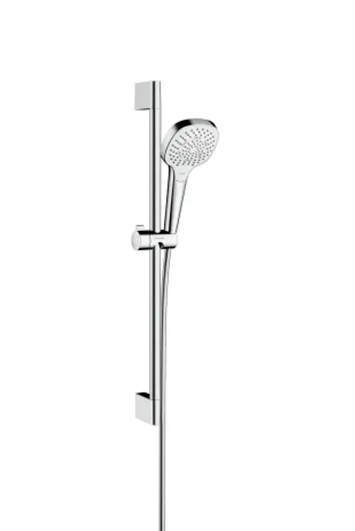 Hansgrohe Duschset mit Handbrause und verstellbarer Brausestange in Chromoptik. Die Montage ist an der Wand vorgesehen und das Design ist funktional.